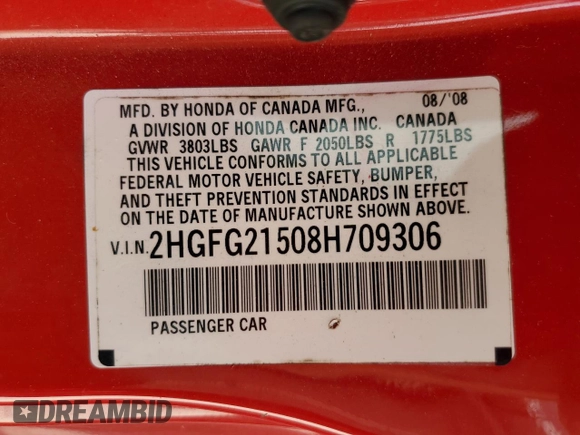 2008 Honda Civic Cpe Si with VIN 2HGFG21508H709306, listed as a Copart auction lot 44902065 with 166,408 mi miles and Salvage Title. Bid and sale history available at carsss.com. Image 12.