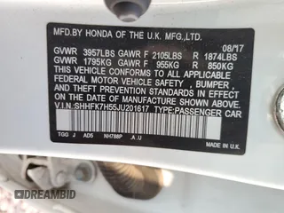 2018 Honda Civic EX с VIN SHHFK7H55JU201617, выставлен на аукционе Copart как лот 58770955 с пробегом 72 390 миль миль и Списание • Salvage title. История ставок и продаж доступна на DreamBid. Изображение 12.