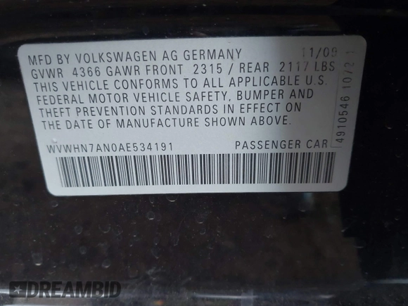 2010 Volkswagen CC Lux Plus z VIN WVWHN7AN0AE534191, wystawiony jako IAAI lot #42239700 z przebiegiem 93 287 mil mil oraz . Historia ofert i sprzedaży dostępna na DreamBid. Obrazek 9.