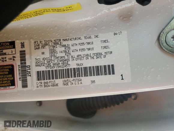 2017 Toyota Tundra SR5 z VIN 5TFEW5F15HX224577, wystawiony jako Copart lot #55704725 z przebiegiem 86 979 mil mil oraz Szkoda całkowita • Salvage title. Historia ofert i sprzedaży dostępna na DreamBid. Obrazek 12.