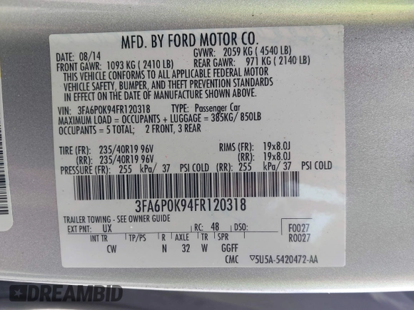 2015 Ford Fusion Titanium with VIN 3FA6P0K94FR120318, listed as a IAAI auction lot 41380325 with 137,910 mi miles. Bid and sale history available at carsss.com. Image 9.