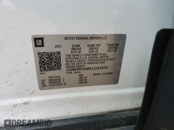 2018 Chevrolet Traverse LS with VIN 1GNERFKW9JJ147873, listed as a Copart auction lot 53361215 with 117,033 mi miles and Salvage title. Bid and sale history available at DreamBid. Image 13.