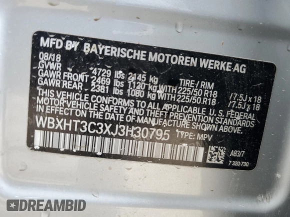2018 BMW X1 xDrive28i with VIN WBXHT3C3XJ3H30795, listed as a Copart auction lot 49722023 with 12,190 mi miles. Bid and sale history available at carsss.com. Image 12.