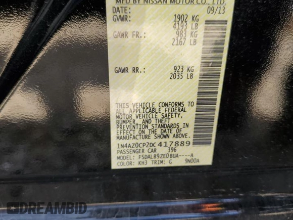 2013 Nissan LEAF S with VIN 1N4AZ0CP2DC417889, listed as a Copart auction lot 52204745 with 0 mi miles and Salvage Title. Bid and sale history available at carsss.com. Image 13.