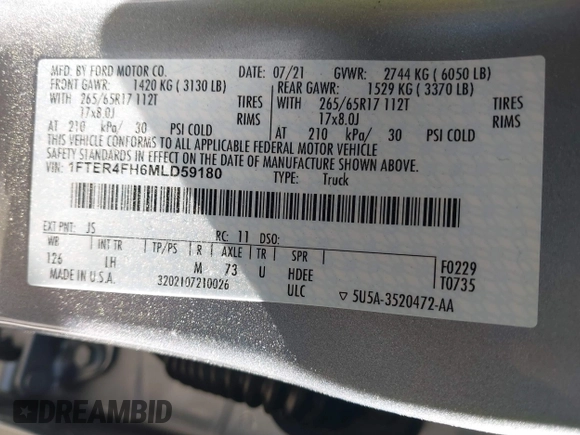 2021 Ford Ranger XL z VIN 1FTER4FH6MLD59180, wystawiony jako IAAI lot #42217237 z przebiegiem 39 806 mil mil oraz . Historia ofert i sprzedaży dostępna na DreamBid. Obrazek 9.