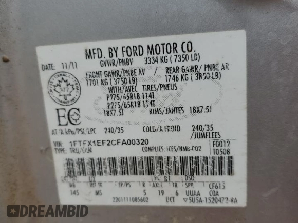 2012 Ford F-150 XL with VIN 1FTFX1EF2CFA00320, listed as a Copart auction lot 51511465 with 228,571 mi miles and Salvage title. Bid and sale history available at DreamBid. Image 14.