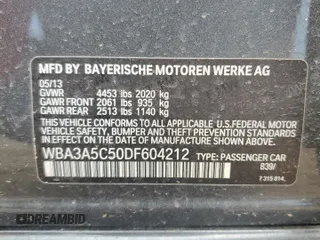 2013 BMW 3 Series 328i with VIN WBA3A5C50DF604212, listed as a Copart auction lot 62557915 with Not provided miles and Salvage title. Bid and sale history available at DreamBid. Image 12.