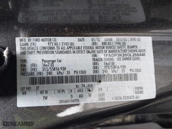 2016 Ford Focus SE with VIN 1FADP3K26GL268448, listed as a IAAI auction lot 41912967 with 146,571 mi miles. Bid and sale history available at carsss.com. Image 9.