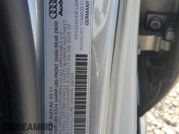 2012 Audi A7 3.0 Premium Plus with VIN WAUSGAFC1CN003571, listed as a Copart auction lot 85547624 with 98,762 mi miles and Salvage Title. Bid and sale history available at carsss.com. Image 12.