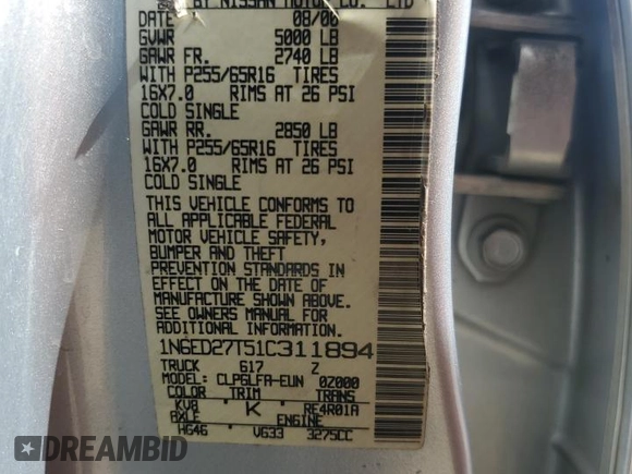2001 Nissan Frontier SE with VIN 1N6ED27T51C311894, listed as a Copart auction lot 56281465 with 151,361 mi miles and Salvage title. Bid and sale history available at DreamBid. Image 13.