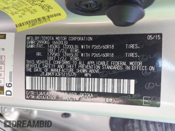 2015 Lexus GX 460 with VIN JTJBM7FX3F5115775, listed as a IAAI auction lot 41669011 with 111,658 mi miles and . Bid and sale history available at carsss.com. Image 9.