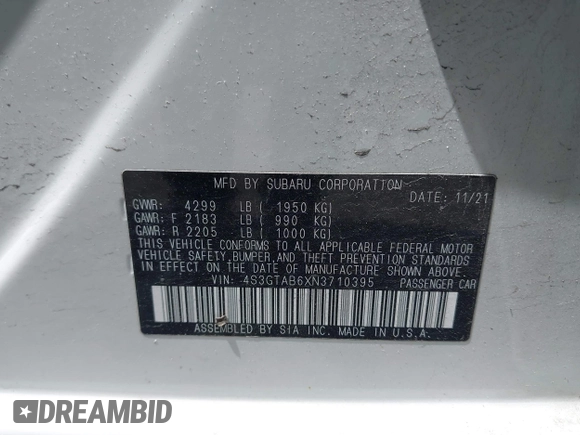 2022 Subaru Impreza with VIN 4S3GTAB6XN3710395, listed as a IAAI auction lot 42289903 with 52,926 mi miles and . Bid and sale history available at DreamBid. Image 9.