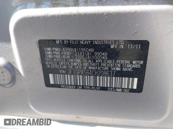 2012 Subaru Impreza Special Sports Limited with VIN JF1GPAS64CH208637, listed as a IAAI auction lot 41805754 with 282,520 mi miles and . Bid and sale history available at DreamBid. Image 9.