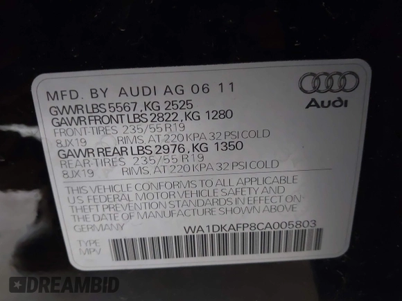 2012 Audi Q5 Premium Plus с VIN WA1DKAFP8CA005803, выставлен на аукционе IAAI как лот 42285859 с пробегом 131 906 миль миль и . История ставок и продаж доступна на DreamBid. Изображение 9.