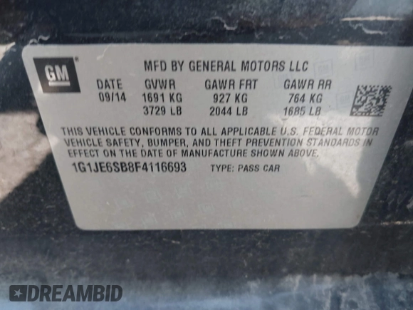 2015 Chevrolet Sonic LTZ with VIN 1G1JE6SB8F4116693, listed as a IAAI auction lot 42865997 with 102,961 mi miles and . Bid and sale history available at DreamBid. Image 9.