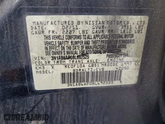 2011 Nissan Sentra SL with VIN 3N1AB6AP0BL692525, listed as a Copart auction lot 83680224 with 133,345 mi miles and Clean Title. Bid and sale history available at DreamBid. Image 12.