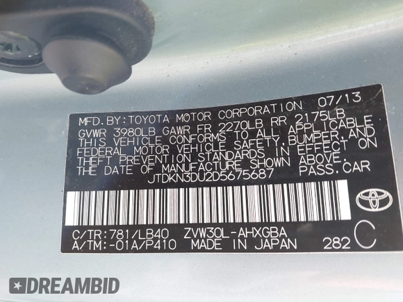 2013 Toyota Prius One with VIN JTDKN3DU2D5675687, listed as a IAAI auction lot 41639740 with 68,741 mi miles and . Bid and sale history available at DreamBid. Image 9.