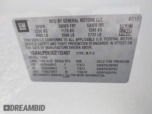 2013 Chevrolet Equinox LT with VIN 1GNALPEK9DZ132407, listed as a IAAI auction lot 42044083 with 60,198 mi miles. Bid and sale history available at carsss.com. Image 9.