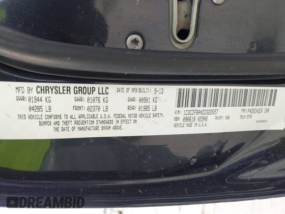 2013 Dodge Dart SXT with VIN 1C3CDFBAXDD322657, listed as a IAAI auction lot 42636593 with 187,551 mi miles and . Bid and sale history available at DreamBid. Image 9.