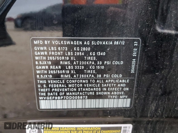 2013 Volkswagen Touareg Lux with VIN WVGEF9BP7DD005872, listed as a Copart auction lot 82618654 with 236,650 mi miles and Salvage Title. Bid and sale history available at DreamBid. Image 14.