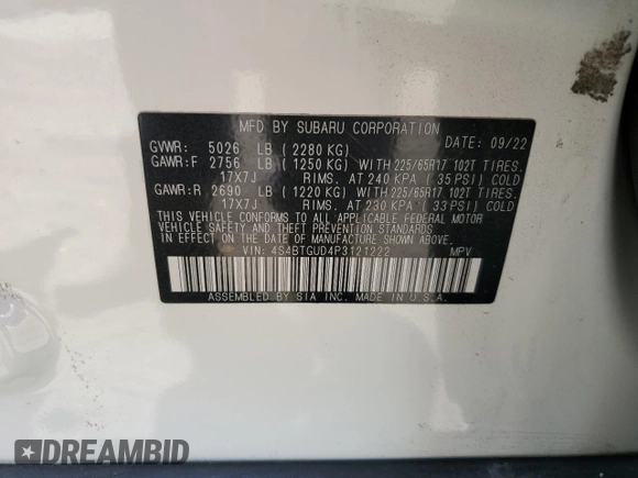2023 Subaru Outback Wilderness с VIN 4S4BTGUD4P3121222, выставлен на аукционе Copart как лот 57812345 с пробегом 40 582 миль миль и Списание • Salvage title. История ставок и продаж доступна на DreamBid. Изображение 12.