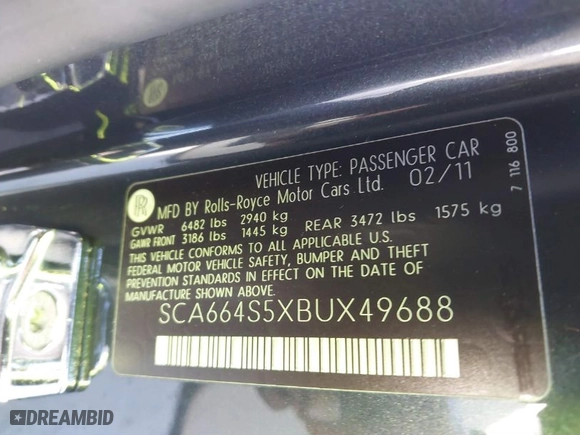 2011 Rolls-Royce Ghost with VIN SCA664S5XBUX49688, listed as a IAAI auction lot 40971162 with 17,595 mi miles. Bid and sale history available at carsss.com. Image 9.