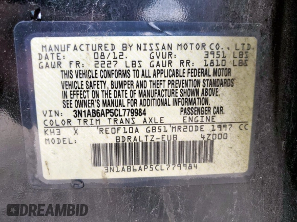 2012 Nissan Sentra S with VIN 3N1AB6AP5CL779984, listed as a Copart auction lot 62710115 with 164,624 mi miles and Salvage title. Bid and sale history available at DreamBid. Image 12.