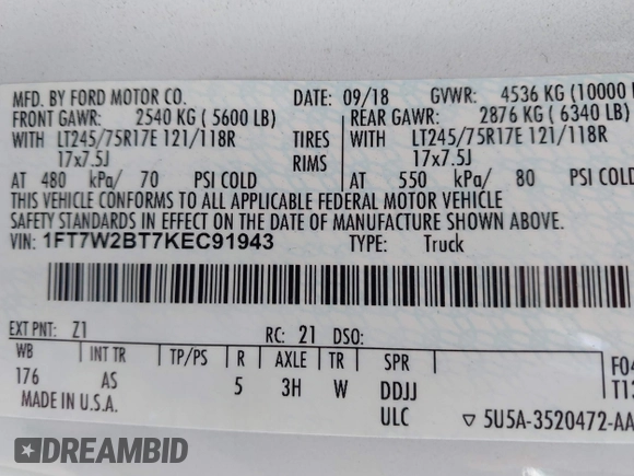 2019 Ford F-250 XL с VIN 1FT7W2BT7KEC91943, выставлен на аукционе IAAI как лот 42412103 с пробегом Не указан миль и . История ставок и продаж доступна на DreamBid. Изображение 9.