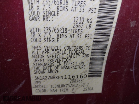 2016 Nissan Murano SL z VIN 5N1AZ2MHXGN116160, wystawiony jako IAAI lot #42241458 z przebiegiem 161 727 mil mil oraz . Historia ofert i sprzedaży dostępna na DreamBid. Obrazek 9.