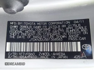 2011 Toyota Prius I z VIN JTDKN3DU5B1368583, wystawiony jako IAAI lot #42303542 z przebiegiem 220 931 mil mil oraz . Historia ofert i sprzedaży dostępna na DreamBid. Obrazek 9.