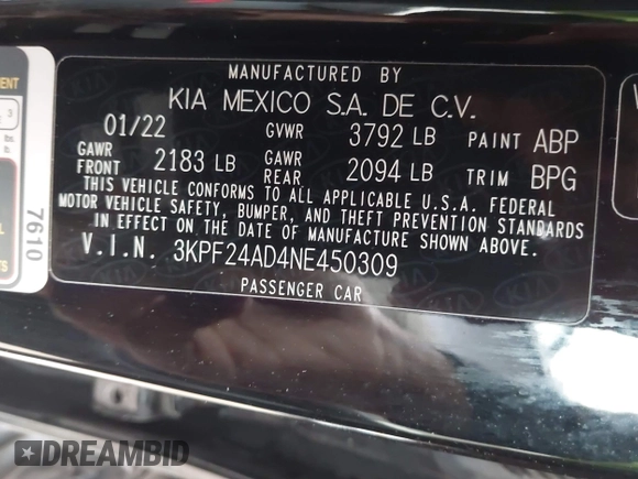 2022 Kia Forte LXS z VIN 3KPF24AD4NE450309, wystawiony jako IAAI lot #42066381 z przebiegiem 43 314 mil mil oraz . Historia ofert i sprzedaży dostępna na DreamBid. Obrazek 9.