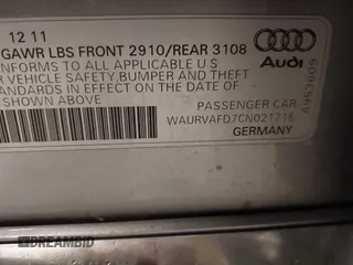 2012 Audi A8 with VIN WAURVAFD7CN021716, listed as a IAAI auction lot 42330229 with 97,359 mi miles and . Bid and sale history available at DreamBid. Image 9.