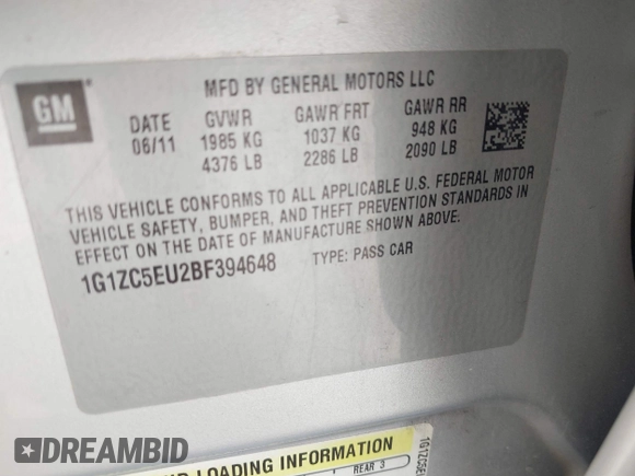 2011 Chevrolet Malibu 1LT with VIN 1G1ZC5EU2BF394648, listed as a IAAI auction lot 42165386 with 182,844 mi miles and . Bid and sale history available at DreamBid. Image 9.