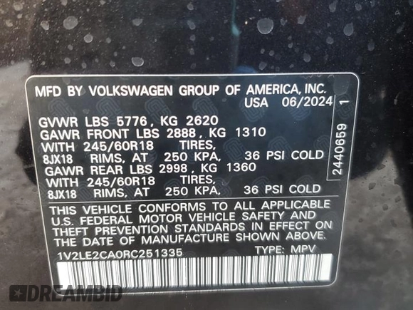 2024 Volkswagen Atlas SE with VIN 1V2LE2CA0RC251335, listed as a Copart auction lot 46680655 with Not provided miles and Salvage title. Bid and sale history available at DreamBid. Image 13.