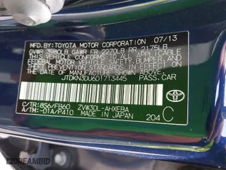 2013 Toyota Prius One with VIN JTDKN3DU6D1713445, listed as a IAAI auction lot 41721590 with 170,547 mi miles. Bid and sale history available at carsss.com. Image 9.