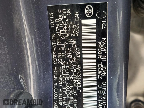 2014 Toyota Prius Four with VIN JTDKN3DU6E1743871, listed as a Copart auction lot 55454155 with 96,283 mi miles and Salvage Title. Bid and sale history available at DreamBid. Image 12.