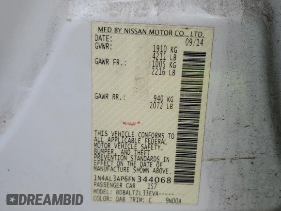 2015 Nissan Altima SL z VIN 1N4AL3AP6FN344068, wystawiony jako Copart lot #44133995 z przebiegiem 108 794 mil mil oraz Szkoda całkowita • Salvage title. Historia ofert i sprzedaży dostępna na DreamBid. Obrazek 14.