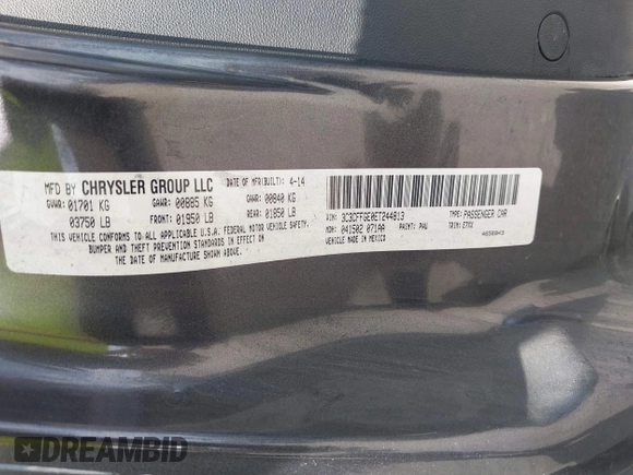 2014 FIAT 500e with VIN 3C3CFFGE0ET244813, listed as a IAAI auction lot 41676465 with 58,062 mi miles. Bid and sale history available at carsss.com. Image 9.