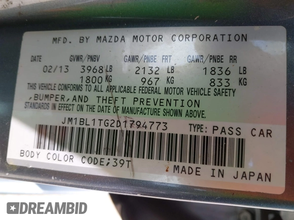 2013 Mazda 3 i SV with VIN JM1BL1TG2D1794773, listed as a IAAI auction lot 41920770 with 154,728 mi miles and . Bid and sale history available at DreamBid. Image 9.