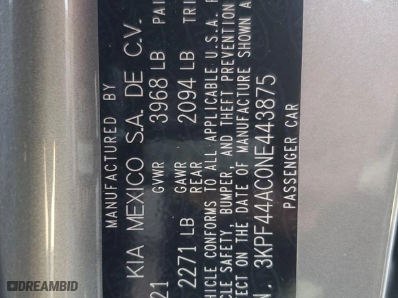 2022 Kia Forte GT with VIN 3KPF44AC0NE443875, listed as a Copart auction lot 49978475 with 13,180 mi miles and Salvage Title. Bid and sale history available at carsss.com. Image 13.