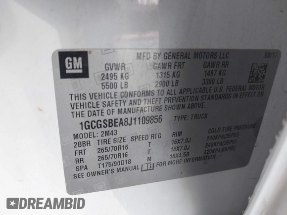 2018 Chevrolet Colorado 2WD Work Truck with VIN 1GCGSBEA8J1109856, listed as a IAAI auction lot 41271341 with 90,950 mi miles and . Bid and sale history available at DreamBid. Image 9.
