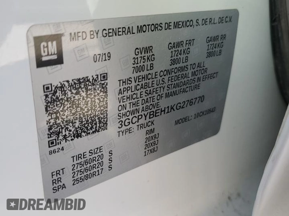 2019 Chevrolet Silverado 1500 Custom with VIN 3GCPYBEH1KG276770, listed as a Copart auction lot 74860884 with Not Provided miles and Salvage Title. Bid and sale history available at DreamBid. Image 13.