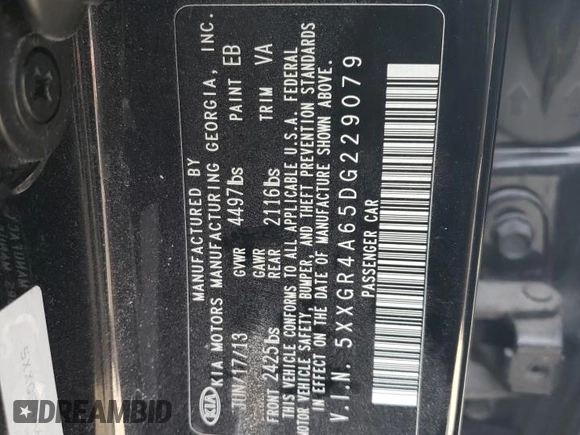 2013 Kia Optima SX with VIN 5XXGR4A65DG229079, listed as a Copart auction lot 46620134 with 154,977 mi miles and Salvage Title. Bid and sale history available at carsss.com. Image 12.
