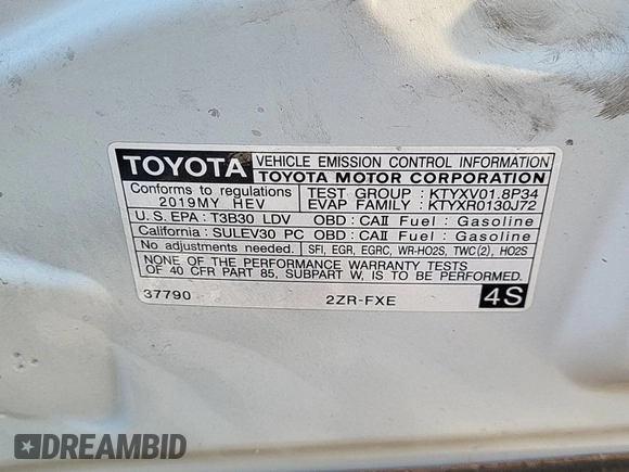 2019 Toyota Prius L Eco z VIN JTDKARFU0K3071589, wystawiony jako IAAI lot #42497984 z przebiegiem 54 762 mil mil oraz . Historia ofert i sprzedaży dostępna na DreamBid. Obrazek 4.
