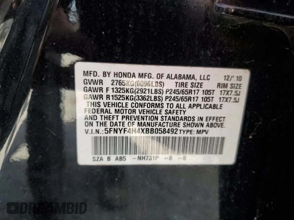 2011 Honda Pilot EX with VIN 5FNYF4H4XBB058492, listed as a Copart auction lot 54182305 with 231,566 mi miles and Clean Title. Bid and sale history available at carsss.com. Image 13.