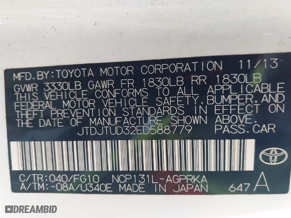2014 Toyota Yaris L with VIN JTDJTUD32ED588779, listed as a IAAI auction lot 39861997 with 227,114 mi miles. Bid and sale history available at carsss.com. Image 9.