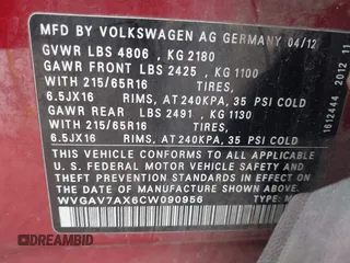 2012 Volkswagen Tiguan SE with VIN WVGAV7AX6CW090956, listed as a IAAI auction lot 42716526 with 227,665 mi miles and . Bid and sale history available at DreamBid. Image 9.