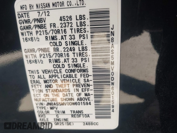 2013 Nissan Rogue S with VIN JN8AS5MV0DW601594, listed as a IAAI auction lot 42073724 with 202,238 mi miles and . Bid and sale history available at DreamBid. Image 9.