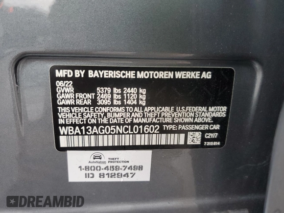 2022 BMW 5 Series 530e with VIN WBA13AG05NCL01602, listed as a Copart auction lot 85075934 with 34,240 mi miles and Salvage title. Bid and sale history available at DreamBid. Image 14.