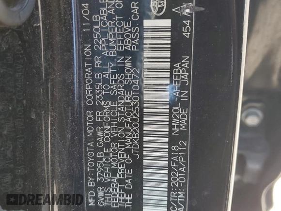 2005 Toyota Prius with VIN JTDKB20U253010472, listed as a Copart auction lot 55690005 with 204,363 mi miles and Salvage Title. Bid and sale history available at DreamBid. Image 13.